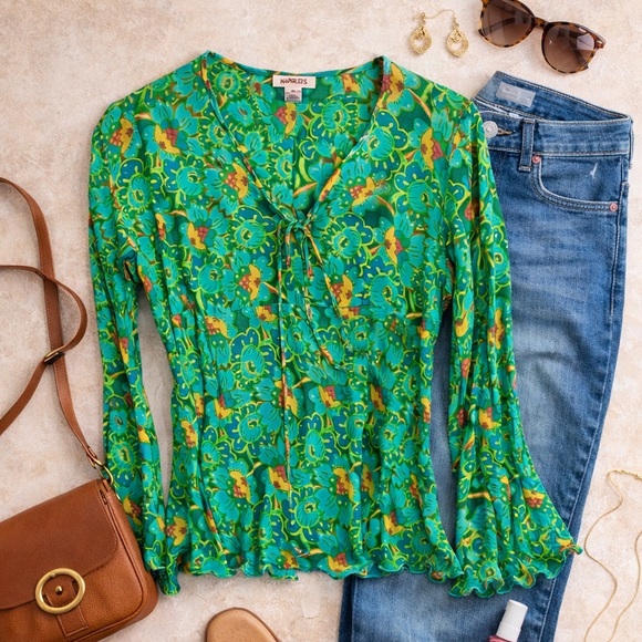 Harold's Tops - Harolds 100% Silk Tie Front Green Floral Top Blouse